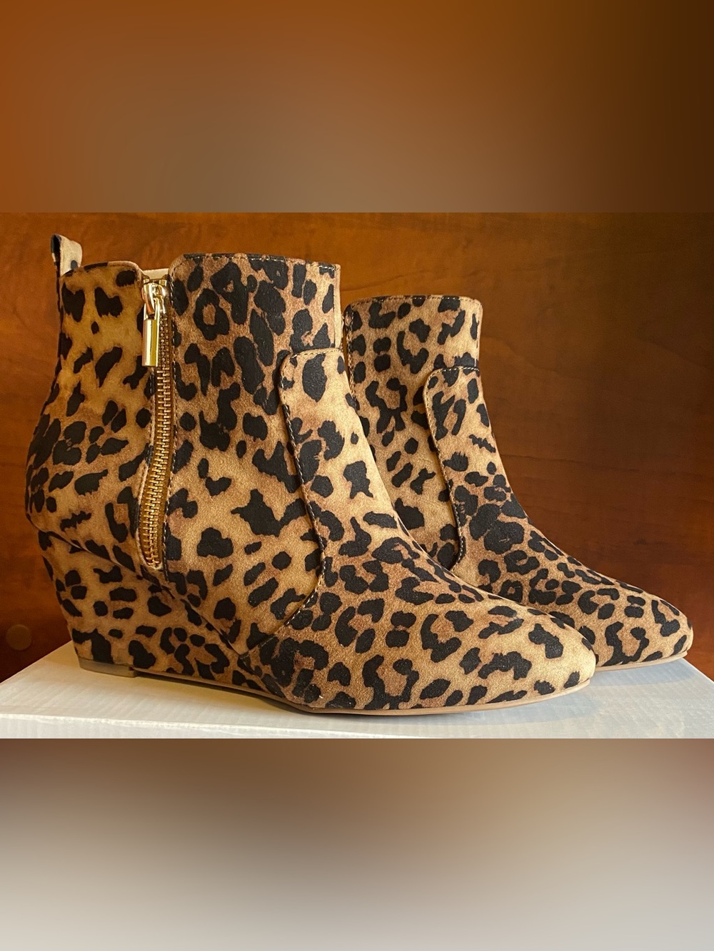 Penningtons Leopard Print Wedged Ankle Booties With Gold Zipper Detail. 2 1/4”